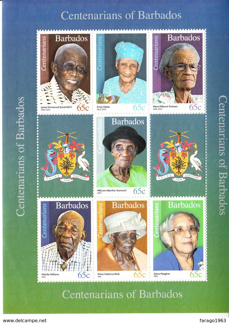 2016 Barbados Centenarians Miniature Sheet Of 7 MNH  ** BUMP Bottom Left Corner ** Stamps Perfect - Barbados (1966-...)