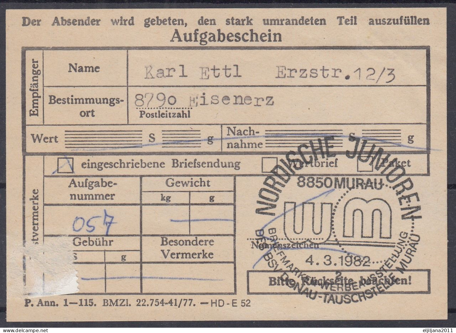 ⁕ Austria 1982 ⁕ Aufgabeschein - Receipt - Österreichische Posting Coupon ⁕ Morau To Eisenerz - Andere & Zonder Classificatie