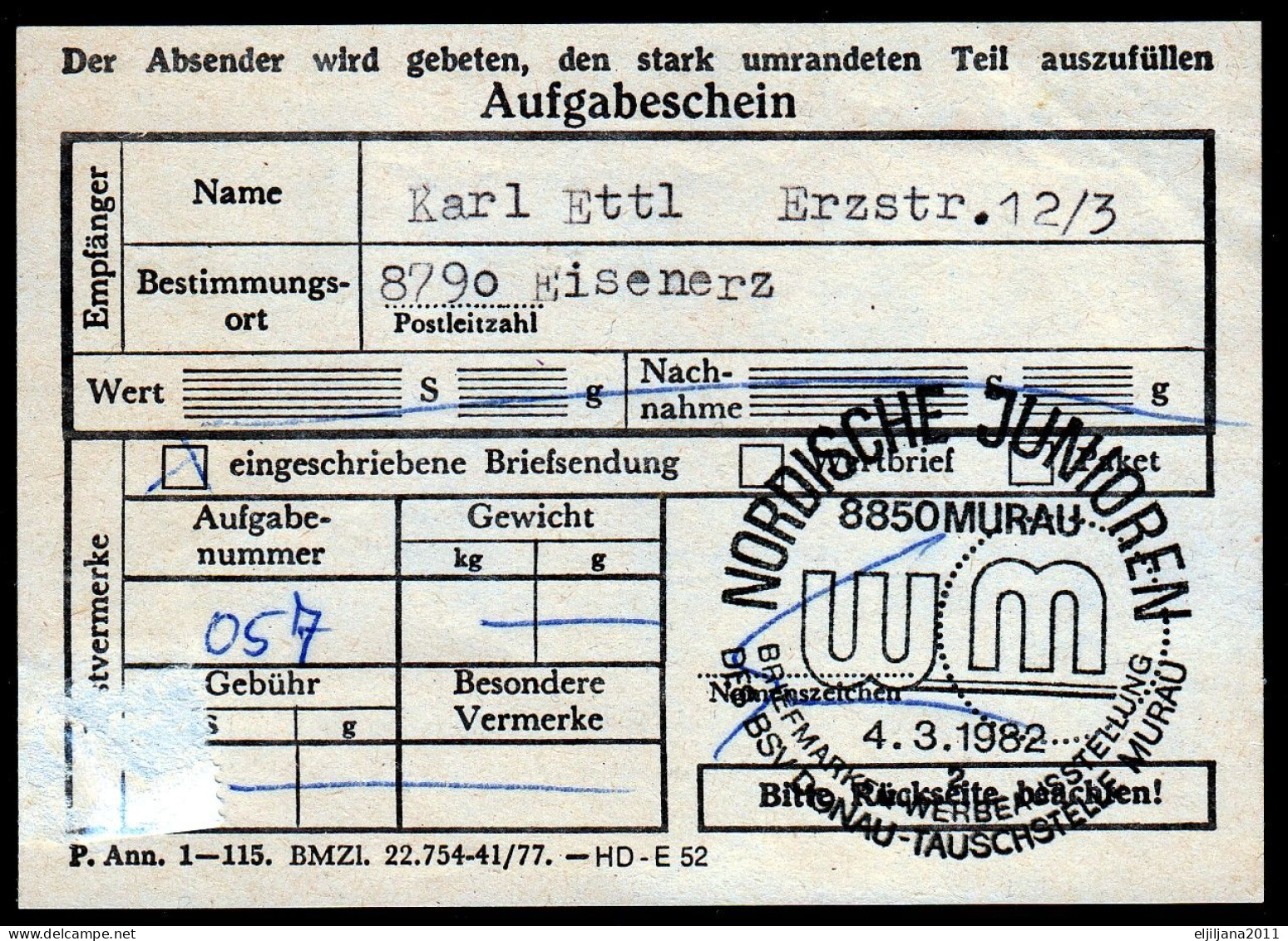 ⁕ Austria 1982 ⁕ Aufgabeschein - Receipt - Österreichische Posting Coupon ⁕ Morau To Eisenerz - Andere & Zonder Classificatie