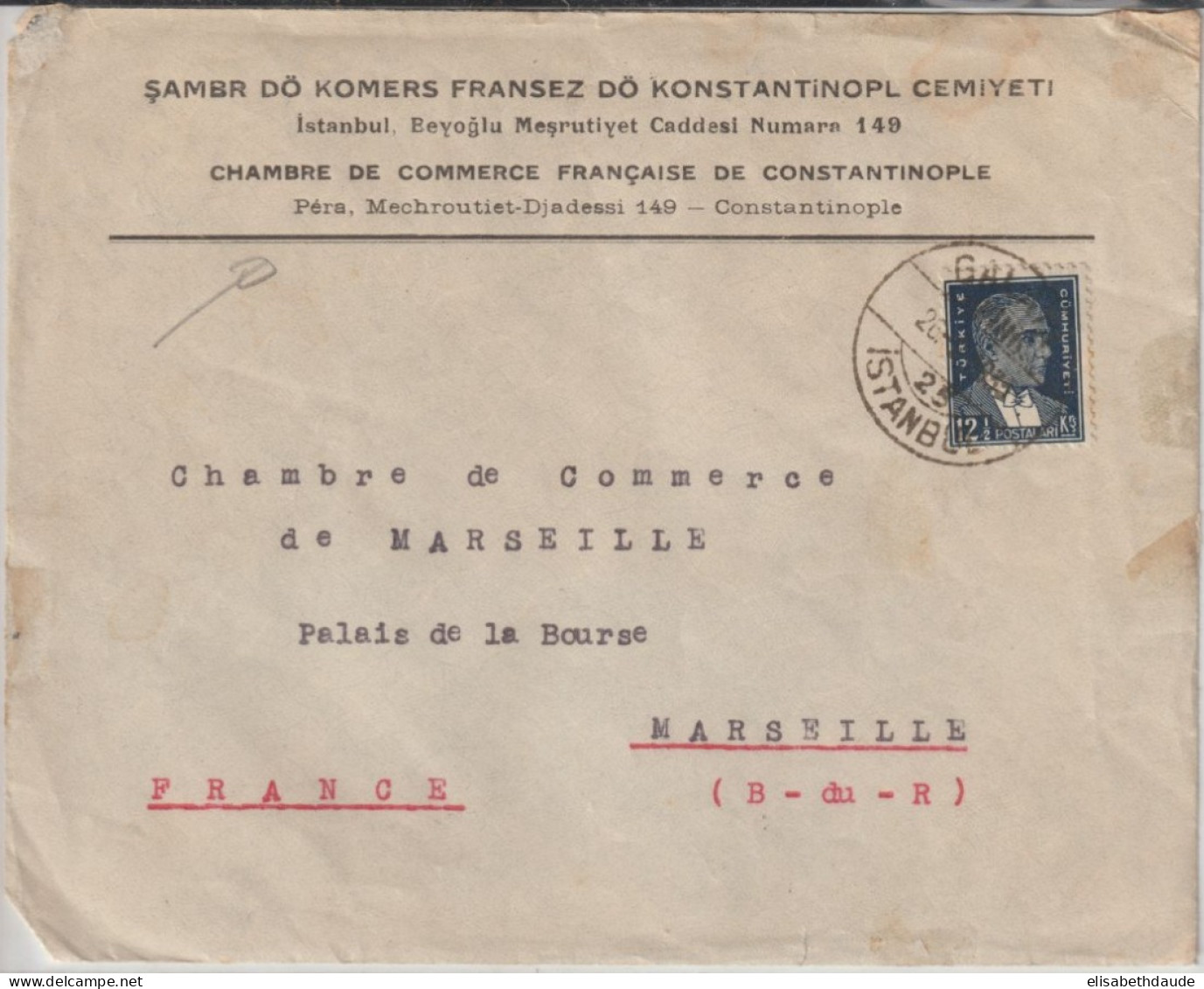 TURQUIE - 1935 - CACHET CHAMBRE DE COMMERCE FRANCAISE De CONSTANTINOPLE AU DOS ENVELOPPE => MARSEILLE - Briefe U. Dokumente