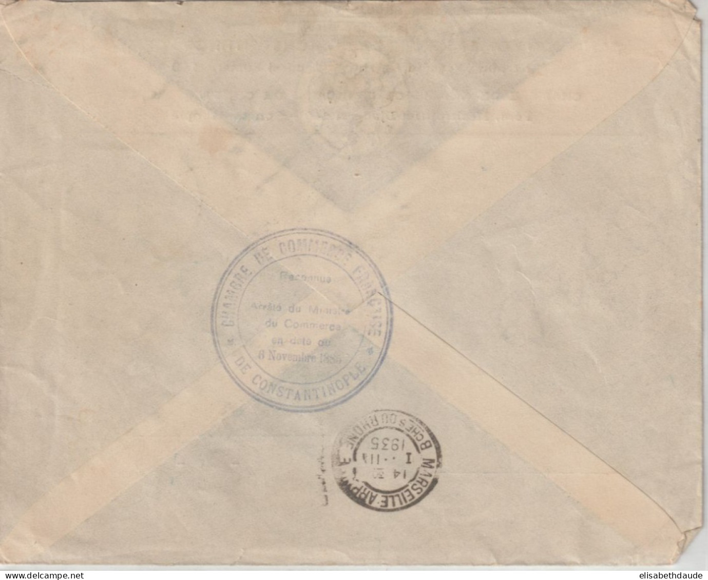 TURQUIE - 1935 - CACHET CHAMBRE DE COMMERCE FRANCAISE De CONSTANTINOPLE AU DOS ENVELOPPE => MARSEILLE - Storia Postale