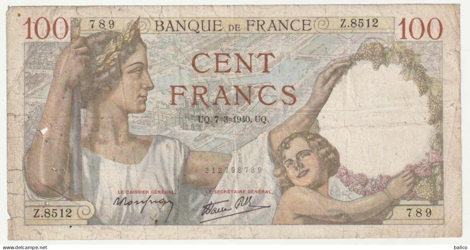 Billet 100 Francs SULLY - 7-3-1940 N° Z.8512 / 789 - 100 F 1939-1942 ''Sully''