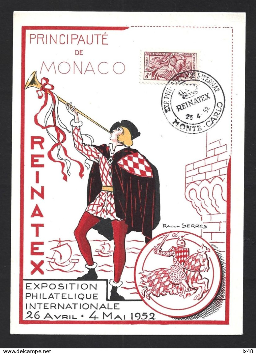 God Juvante. Grimaldi. Horse With Flag And Shield Of Monaco. Exhibition In Monte Carlo Reinatex 1952. Deo Juvante Rare - Covers & Documents