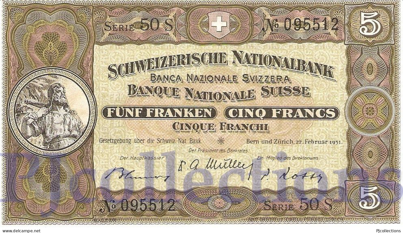 SWITZERLAND 5 FRANKEN 1951 PICK 11o UNC - Switzerland