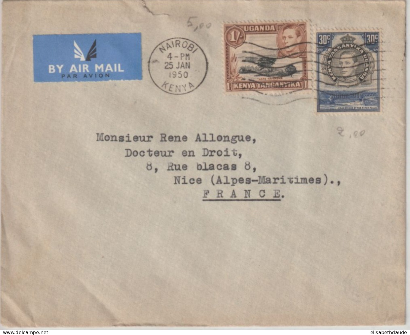 KENYA - 1950 - ENVELOPPE Par AVION De NAIROBI => NICE - Kenya, Uganda & Tanganyika