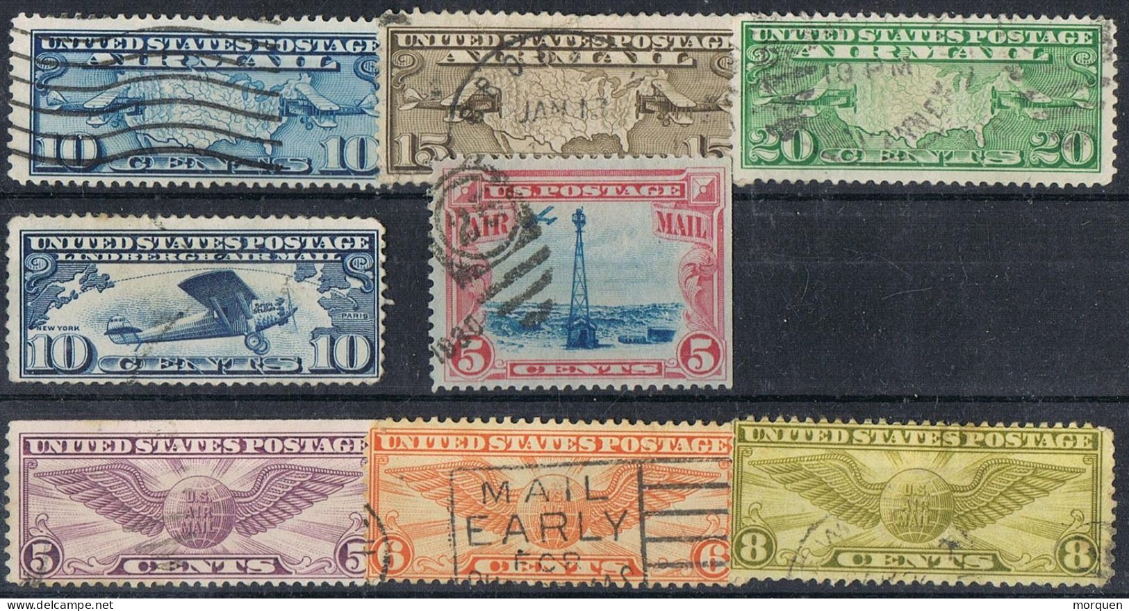 Lote 8 Sellos Correo Areeo U.S.A. (United States), Yvert Num 7-8-9-10-11-12-15A-16 º - 1a. 1918-1940 Afgestempeld