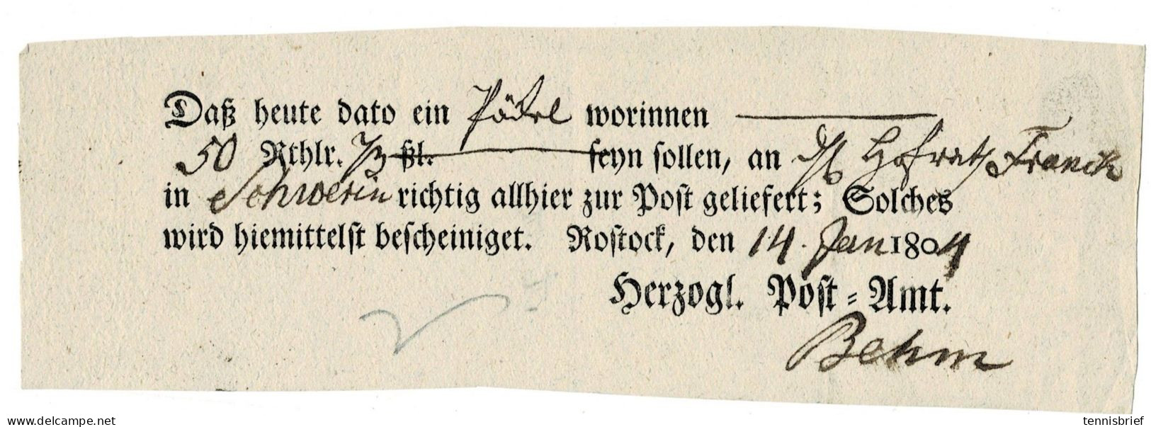 1804  " Rostock " Früher Postschein,  A 8071 - Mecklenburg-Schwerin