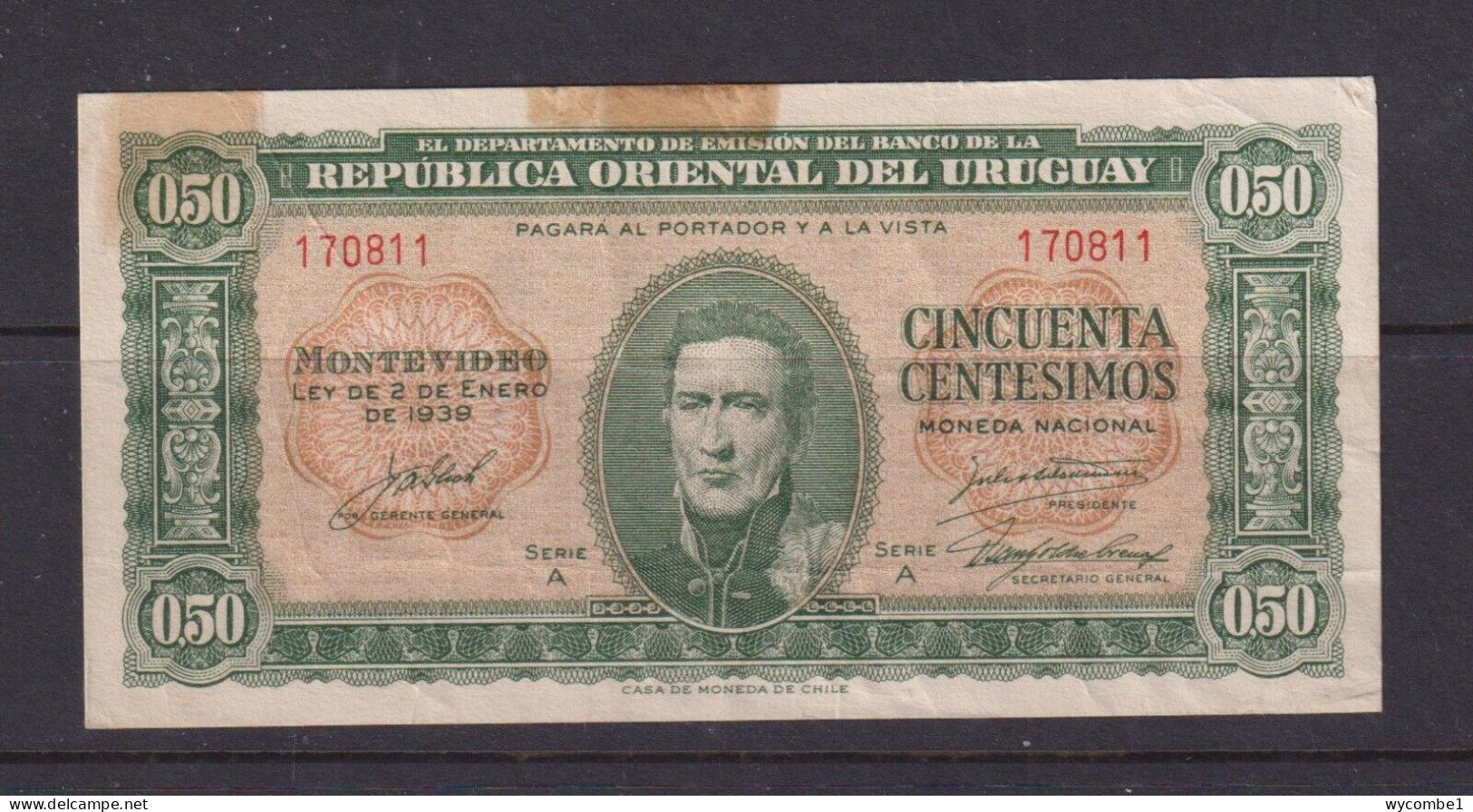 URUGUAY - 1939 50 Centisimos Circulated Banknote As Scans - Uruguay