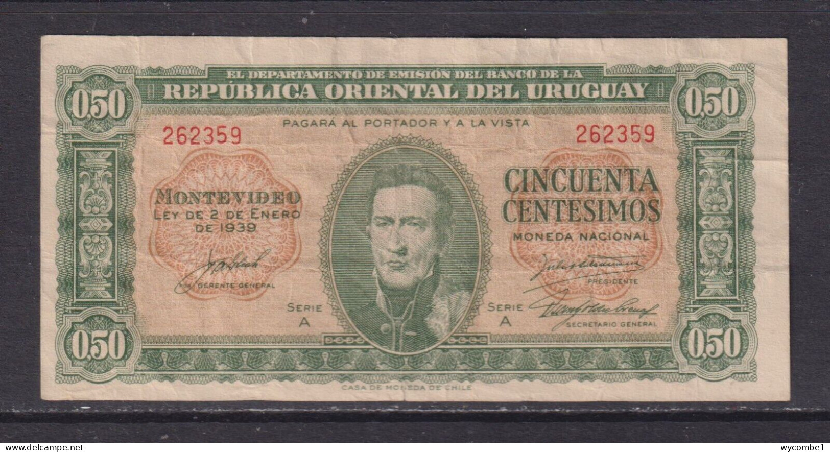 URUGUAY - 1939 25 Centisimos Circulated Banknote - Uruguay