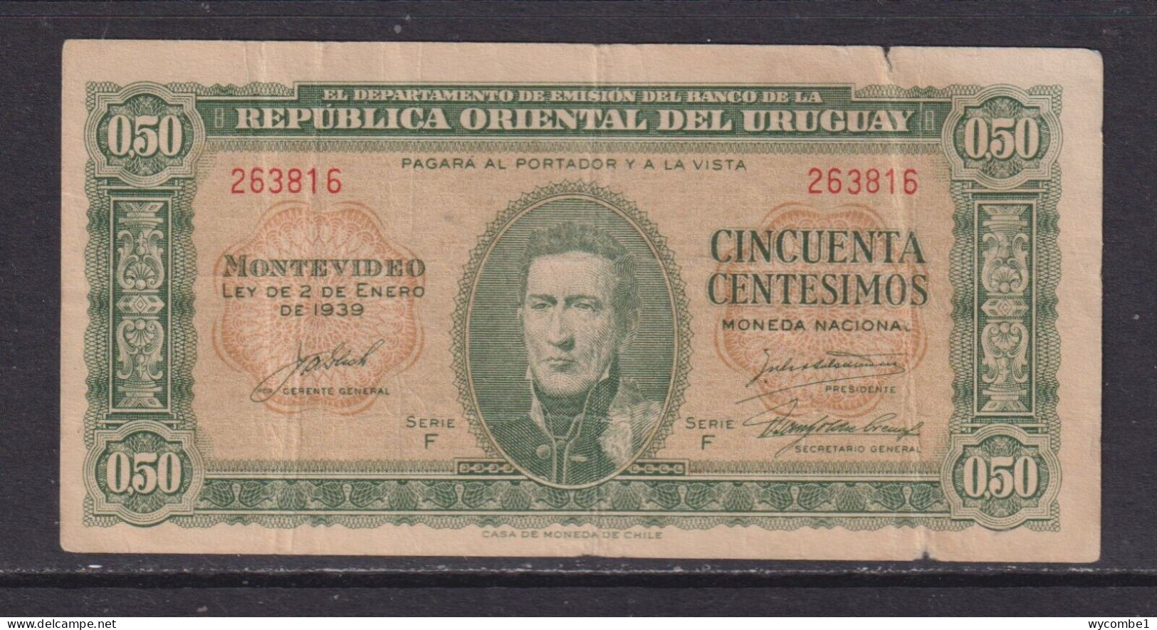 URUGUAY - 1939 25 Centisimos Circulated Banknote - Uruguay