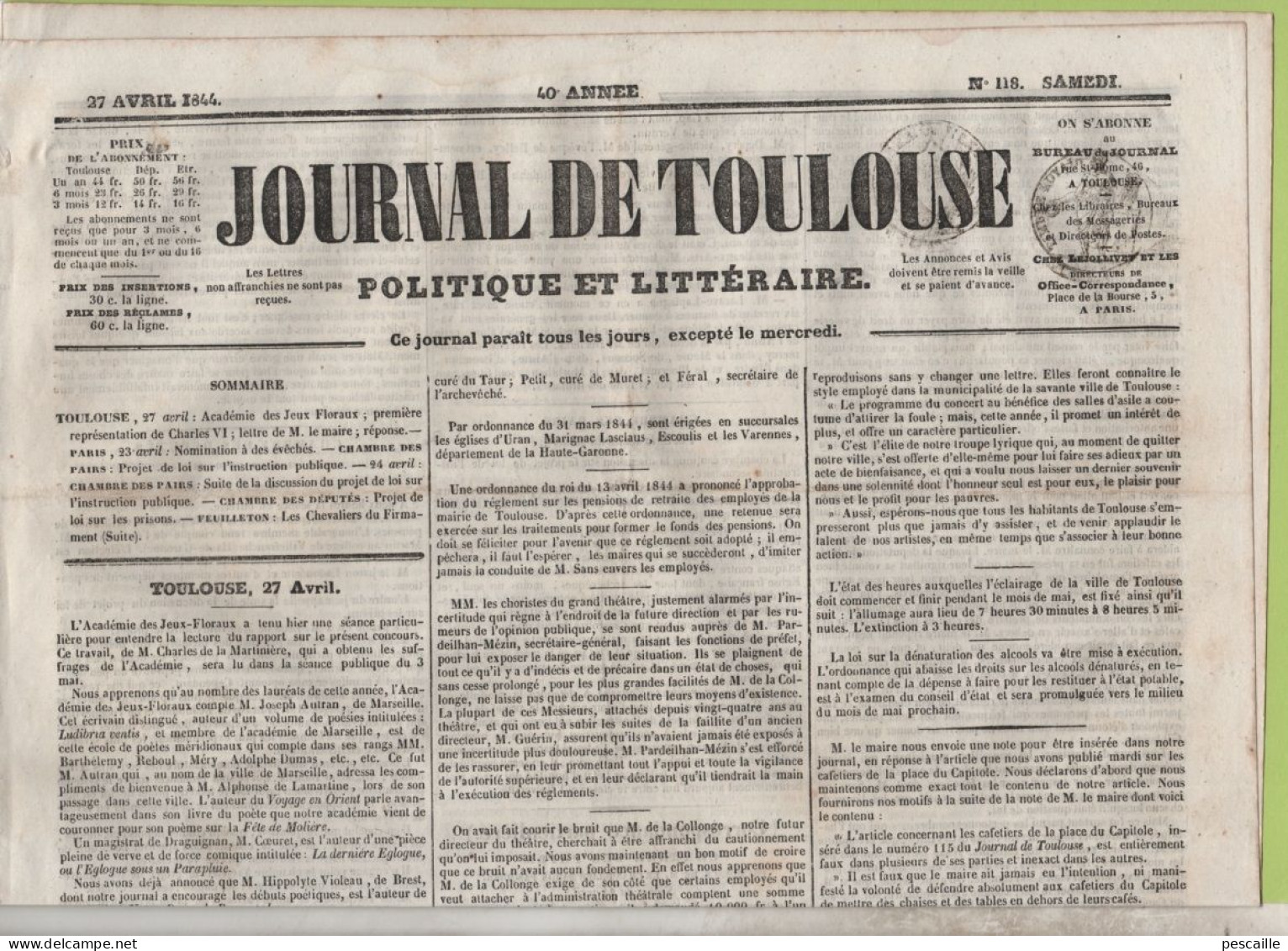 JOURNAL DE TOULOUSE 27 04 1844 - JEUX FLORAUX - GRAND THEATRE - CAFETIERS PLACE DU CAPITOLE - ESPAGNE GUERRE AU MAROC - 1800 - 1849