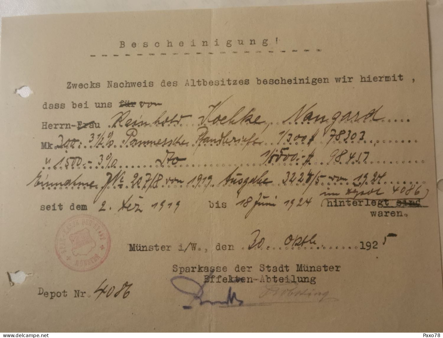 Bescheinigung, Munster 1925 - Lettres & Documents