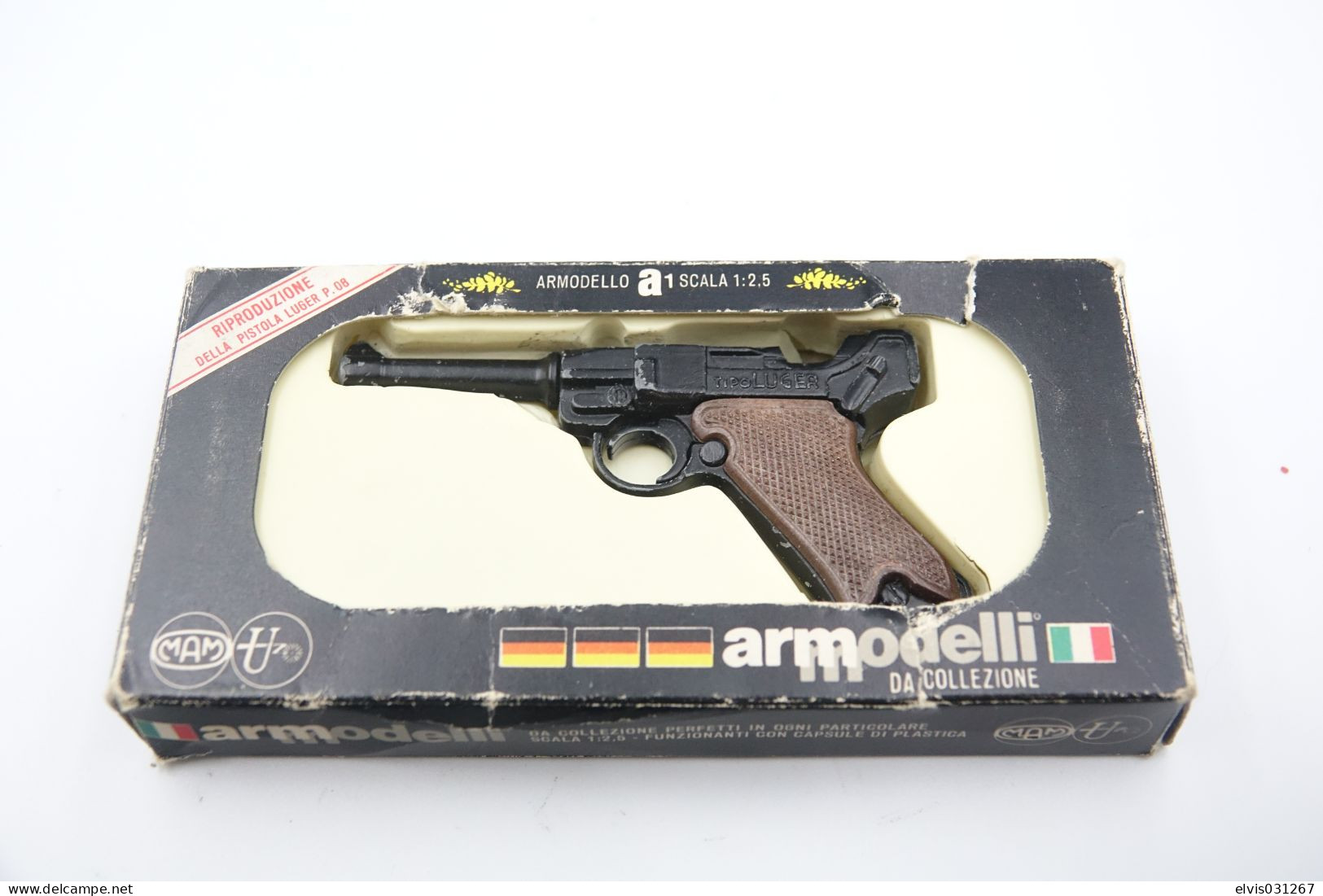 Vintage TOY GUN : Luger P08 By Edison Giocattoli MAM Armodelli W Box - Scale: 1/2.5 - 19**s - Keywords : Cap - Revolver - Armes Neutralisées