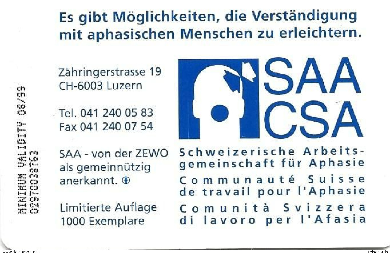 Switzerland: Swiss Telecom P-02/97 SAA Schweizerische Arbeitsgemeinschaft Für Aphasie - Suisse