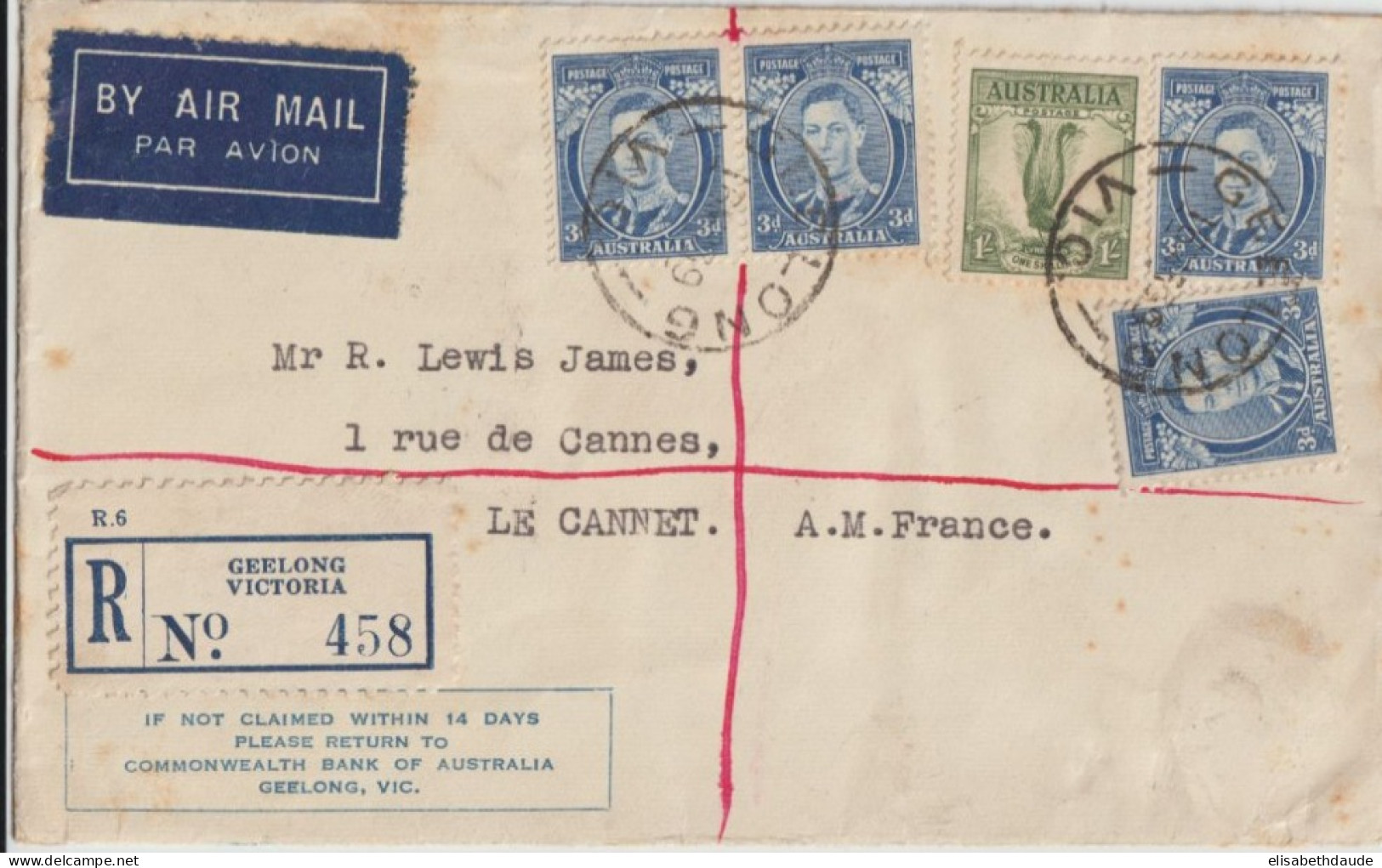 AUSTRALIA - 1939 - ENVELOPPE RECOMMANDEE De GEELONG VICTORIA => LE CANNET - Briefe U. Dokumente