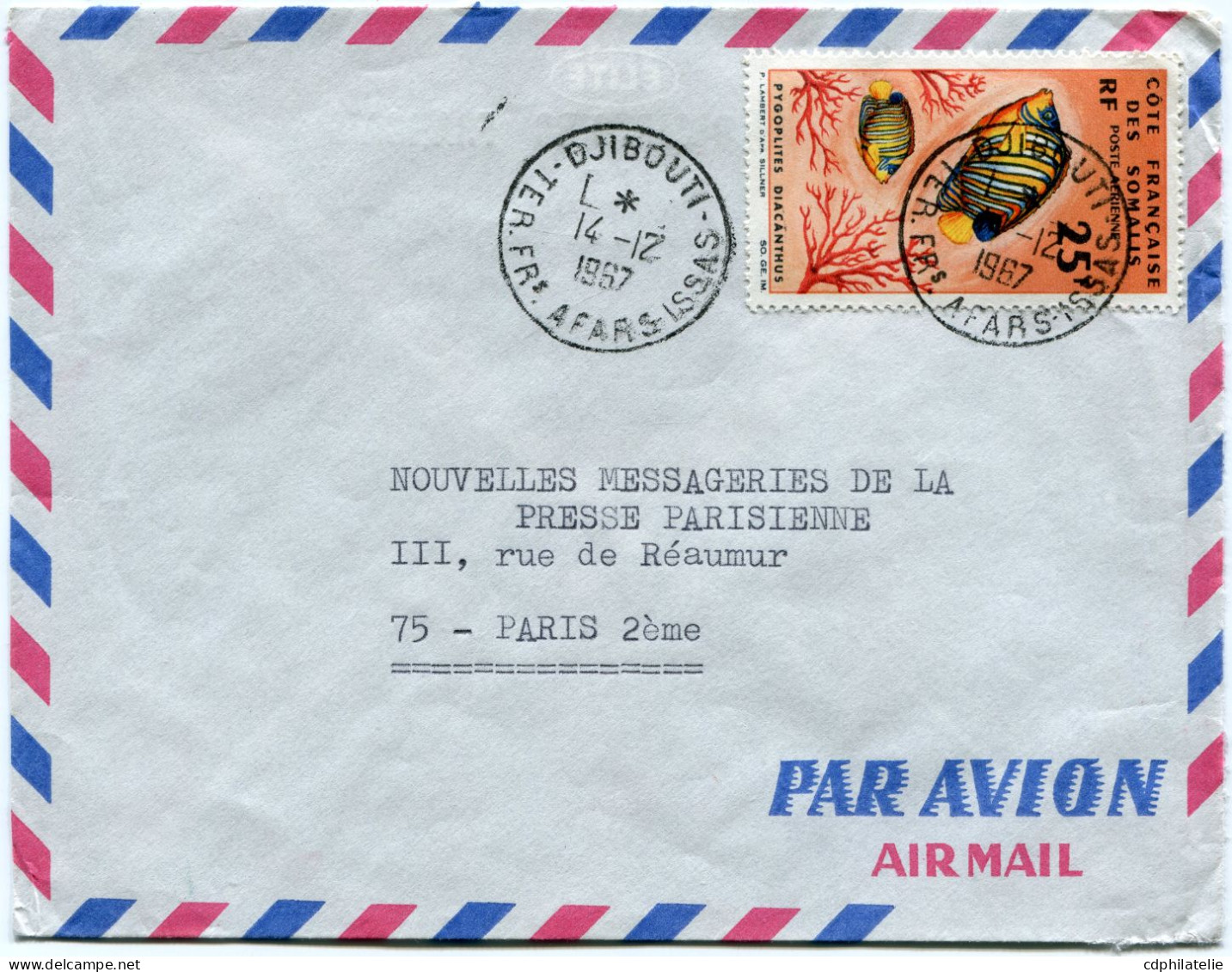 AFARS ET ISSAS LETTRE PAR AVION AVEC AFFRANCHISSEMENT TIMBRE DES SOMALIS DEPART DJIBOUTI 14-12-1967 TER FRs AFARS ISSAS - Lettres & Documents