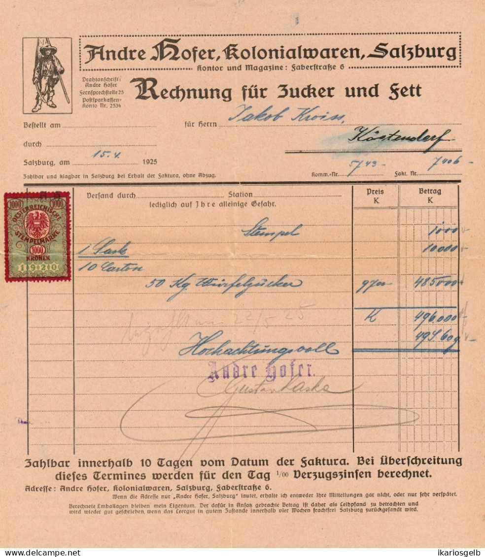 SALZBURG Österreich 1925 Farbige Rechnung Deko+ Stempelmarke Andre Hofer Kolonialwaren Fiskalmarke Logo Andreas Hofer - Autriche