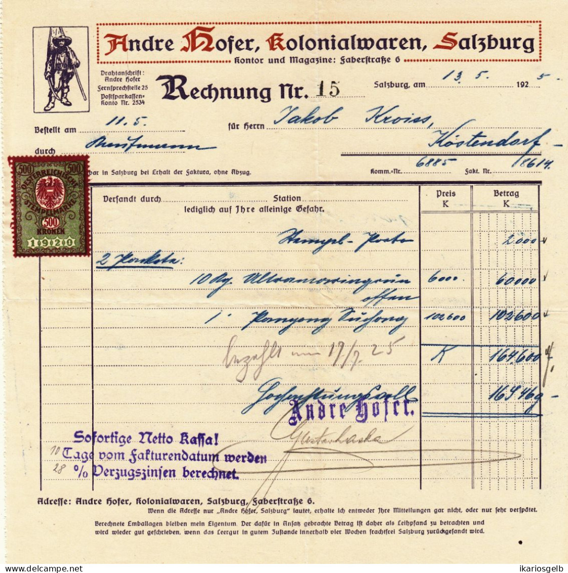 SALZBURG Österreich 1925 Farbige Rechnung Deko+ Stempelmarke Andre Hofer Kolonialwaren Fiskalmarke Logo Andreas Hofer - Österreich