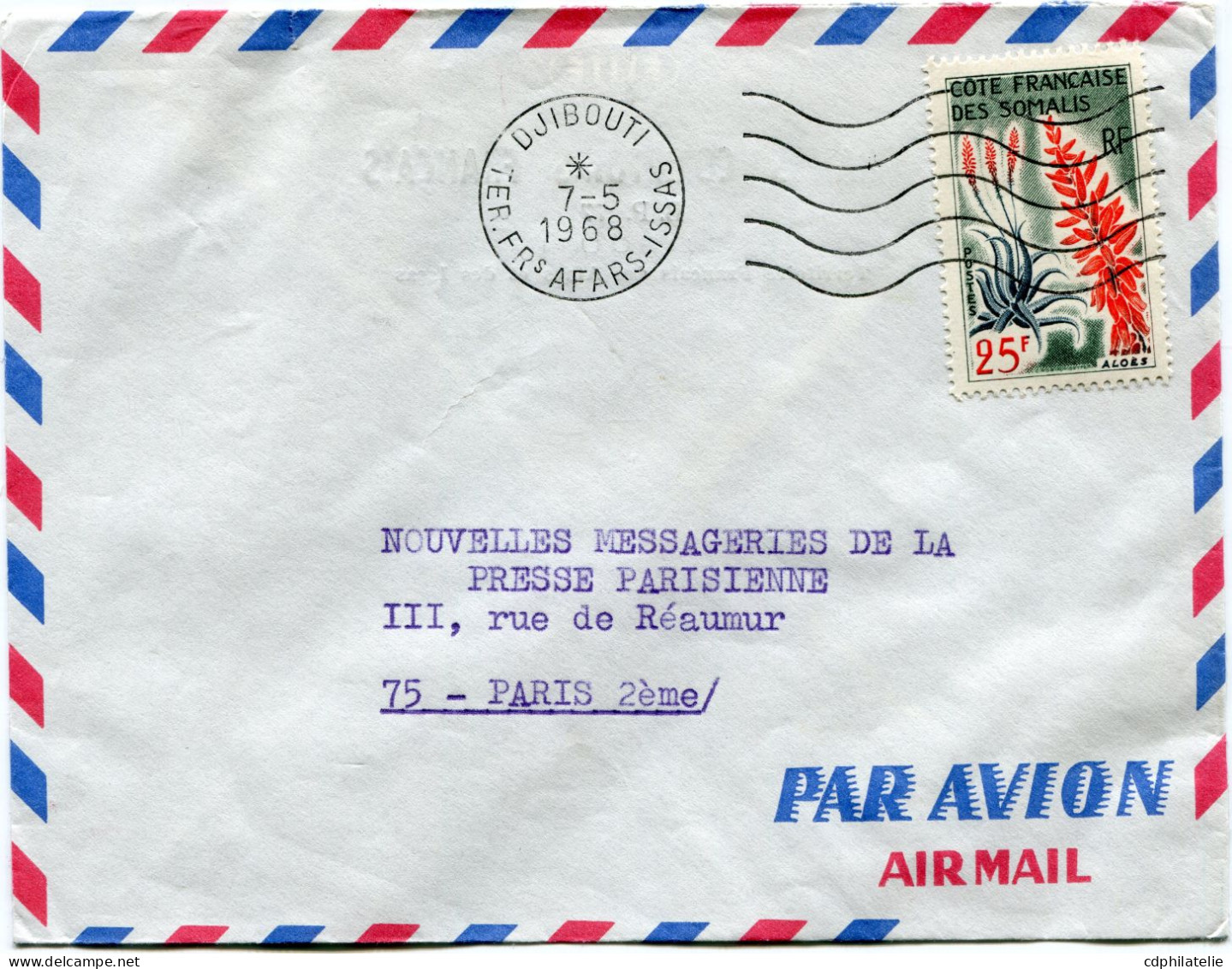 AFARS ET ISSAS LETTRE PAR AVION AVEC AFFRANCHISSEMENT TIMBRE DES SOMALIS DEPART DJIBOUTI 7-5-1968 TER FRs AFARS ISSAS... - Lettres & Documents