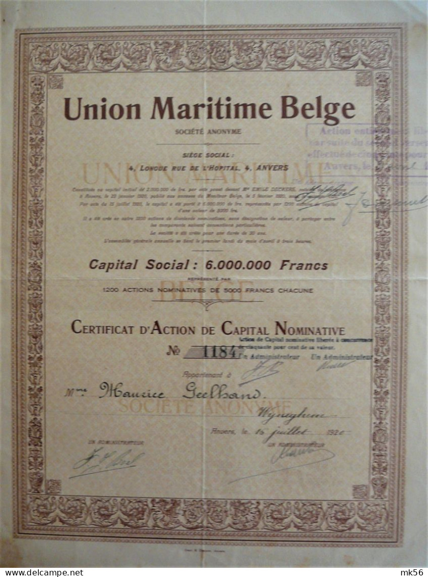 S.A. Union Maritime Belge - Certificat D' Action De Capital  Nominative (1920) Op Naam Van Maurice Geelhand - Navy