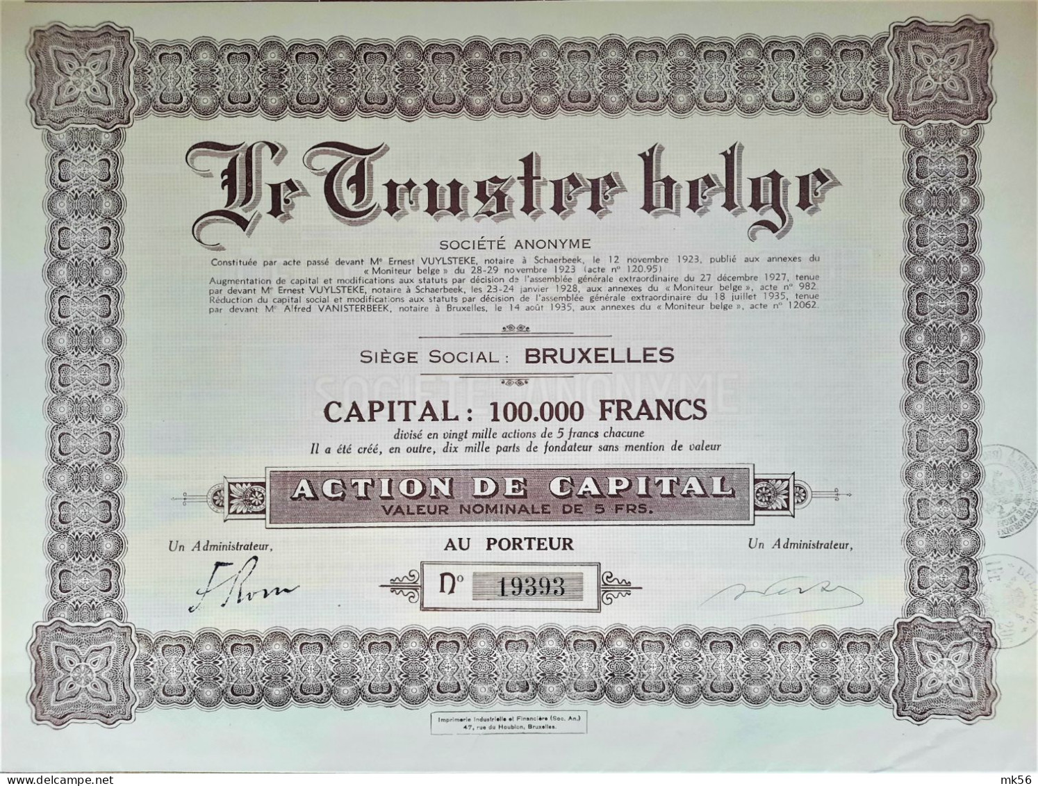 S.A. Le Truster Belge - 1935 - Action De Capital - Bruxelles - Autres & Non Classés