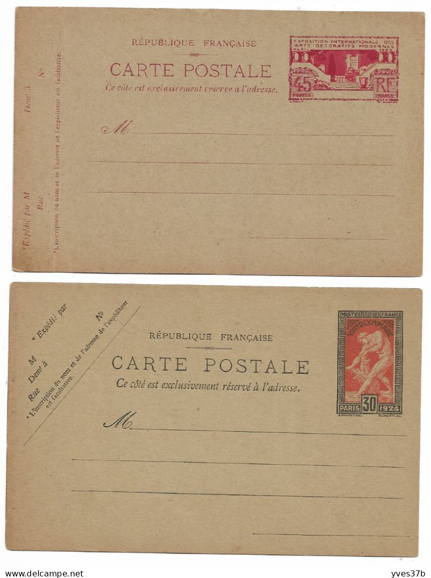 FRANCE Entier Carte Postale N°185-CP1 + 213CP1 "J.O.1924 & Expo Arts Déco 1925" - SUP - - Cartes Postales Repiquages (avant 1995)