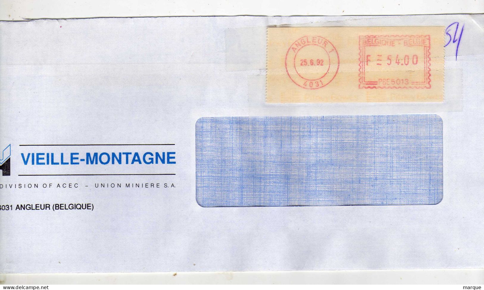 Enveloppe BELGIQUE BELGIE Avec Vignette D'Affranchissement Oblitération ANGLEUR 1 25/06/1992 - 1980-1999