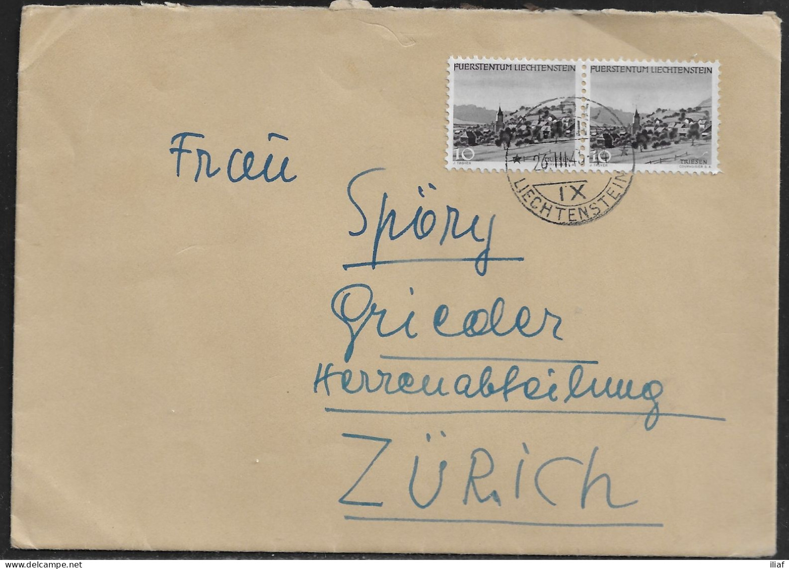 Liechtenstein. Stamp Sc. 520 On Letter, Sent From Vaduz To Switzerland On 26.03.1945. - Covers & Documents