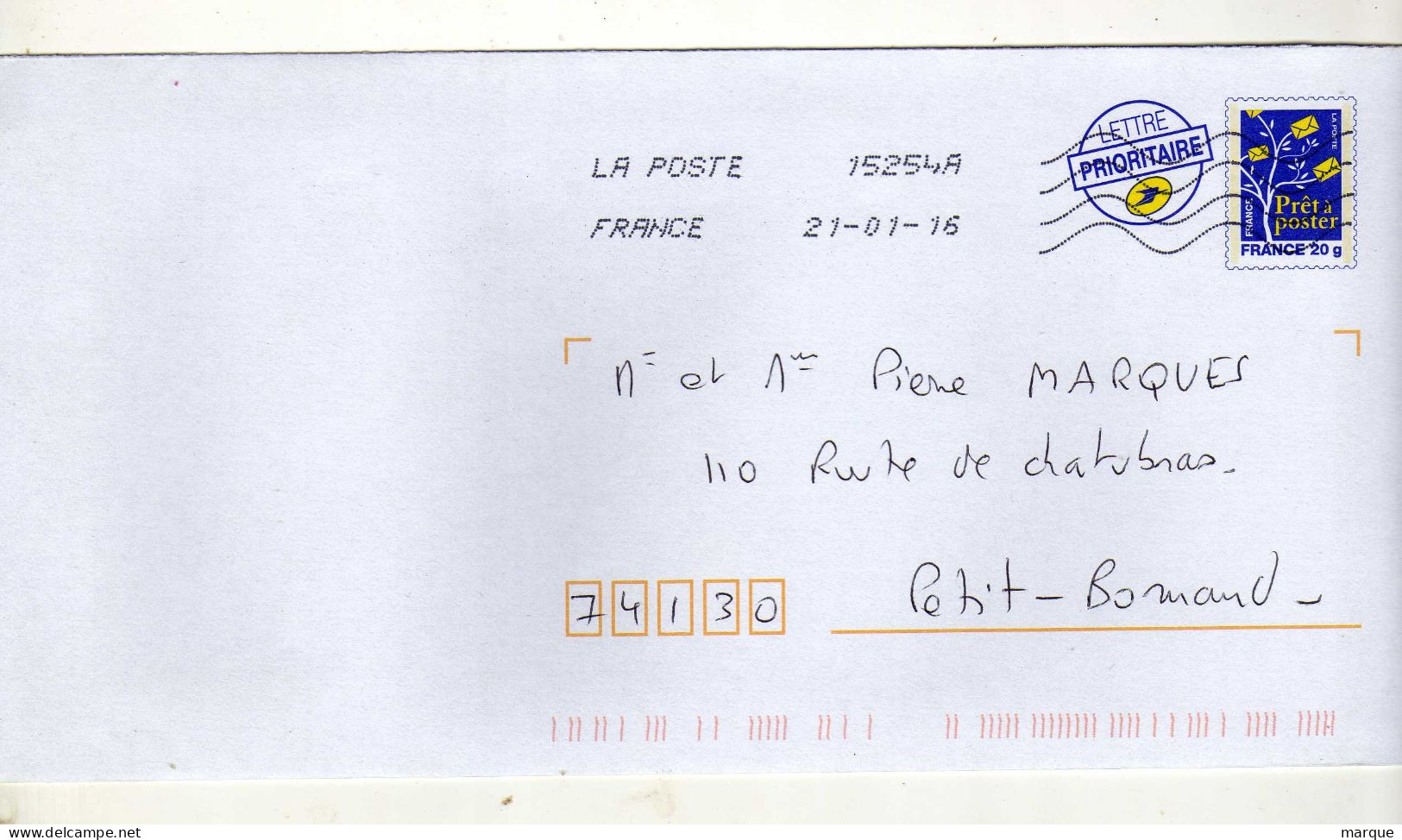 Enveloppe FRANCE Prêt à Poster Lettre Prioritaire 20g Oblitération LA POSTE 15254A 21/01/2016 - PAP: Aufdrucke/Blaues Logo