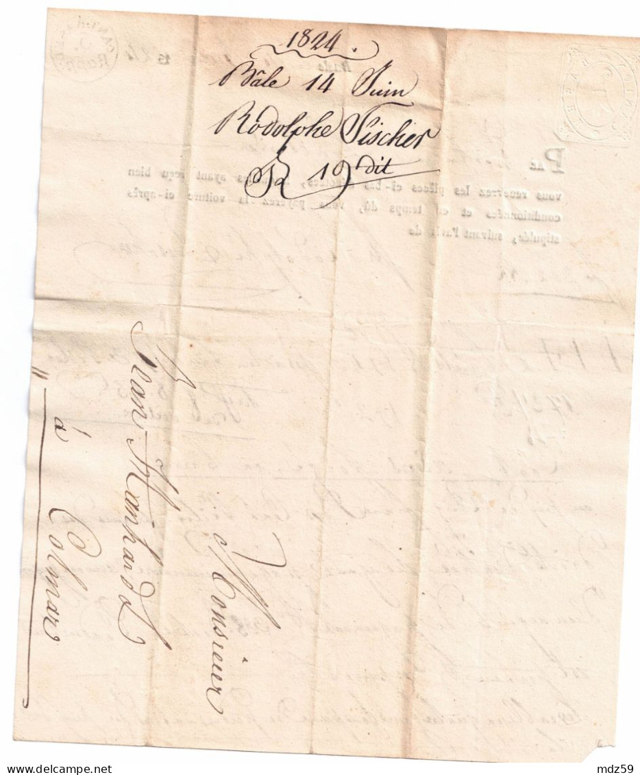 Lettre Par Voiturier De Bâle Du 14 Juin 1824 Pour  Colmar, Filagramme Canton Basel, Cachet  5 Rapp Et Marque En Relief - ...-1845 Préphilatélie