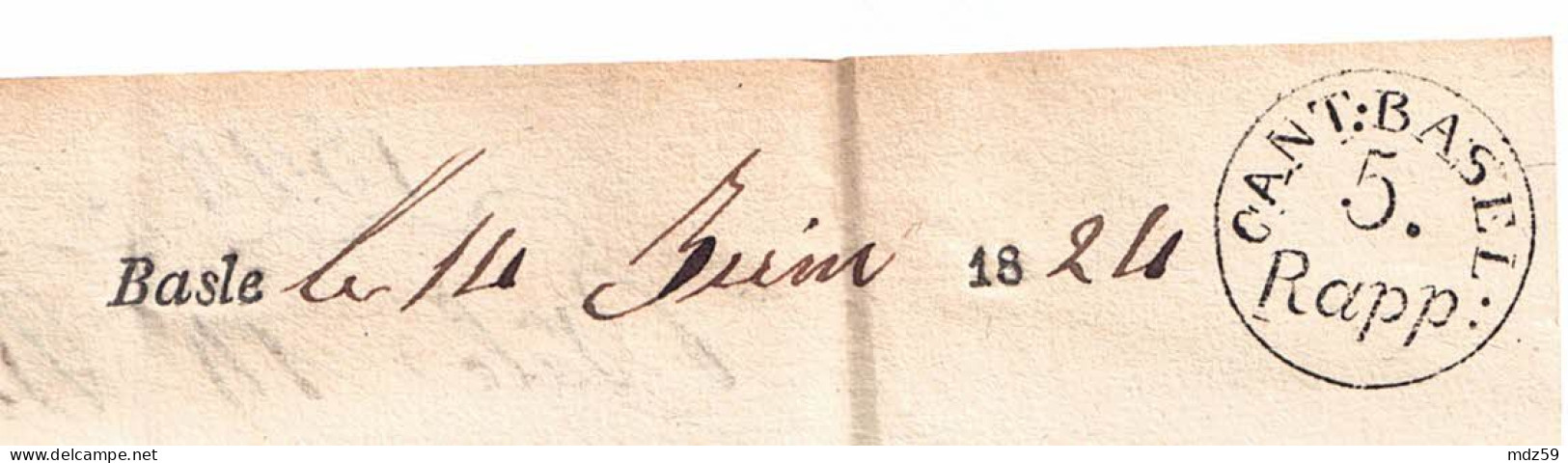 Lettre Par Voiturier De Bâle Du 14 Juin 1824 Pour  Colmar, Filagramme Canton Basel, Cachet  5 Rapp Et Marque En Relief - ...-1845 Préphilatélie