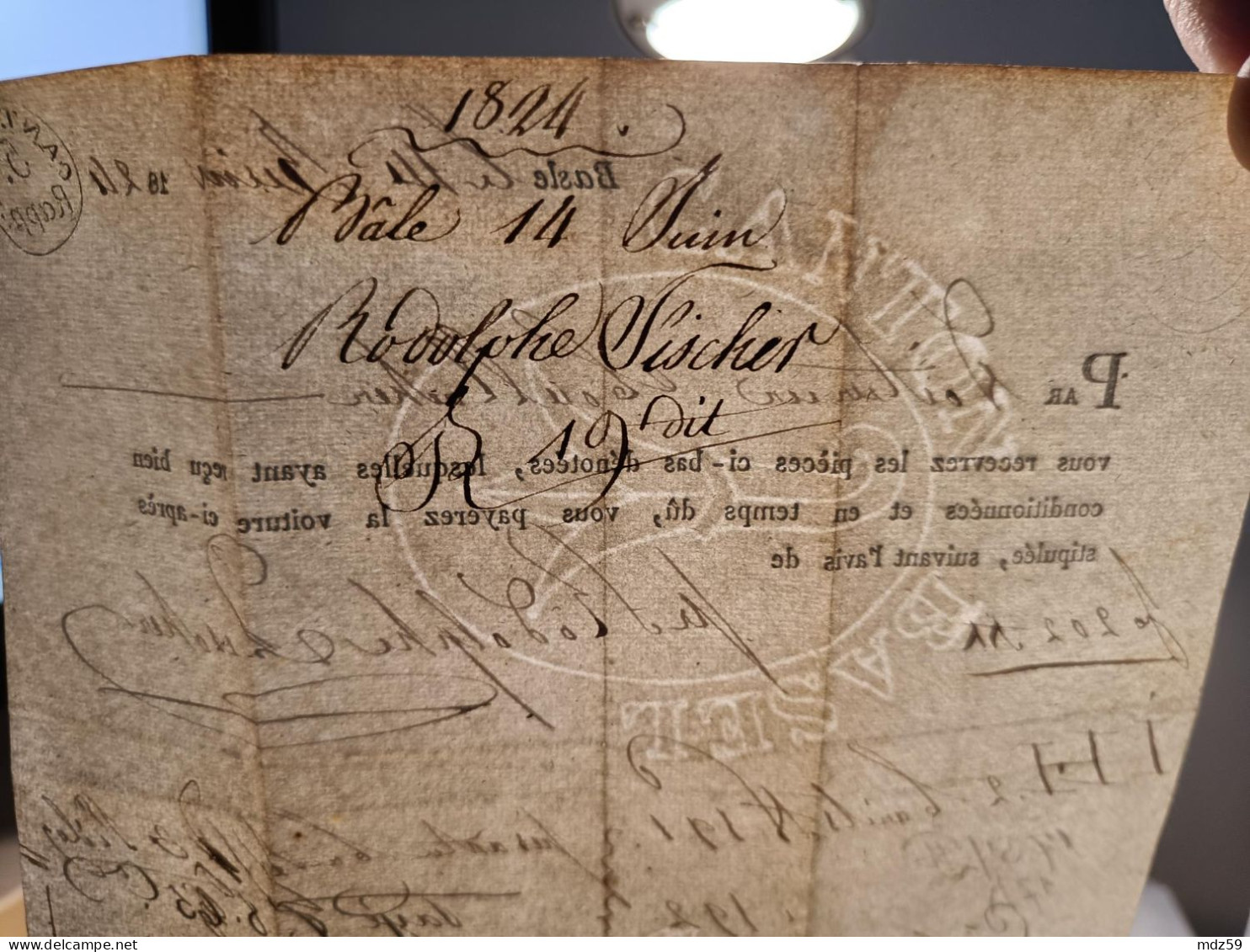 lettre par voiturier de Bâle du 14 juin 1824 pour  Colmar, filagramme canton Basel, cachet  5 Rapp et marque en relief