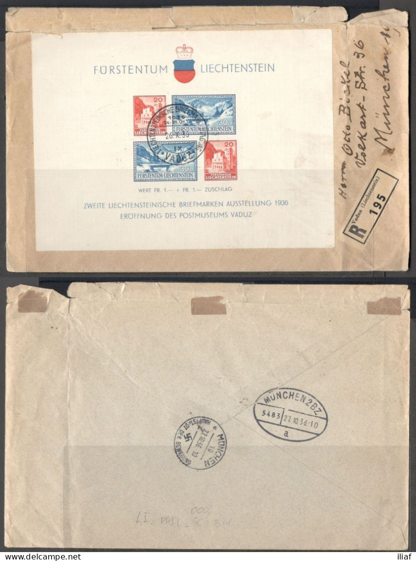 Liechtenstein. Souvenir Sheet Sc. B14 On Registered  Letter, Sent From Vaduz On 26.10.1936 To Munich. - Briefe U. Dokumente