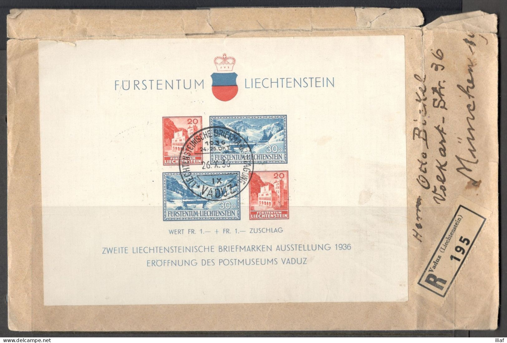 Liechtenstein. Souvenir Sheet Sc. B14 On Registered  Letter, Sent From Vaduz On 26.10.1936 To Munich. - Covers & Documents