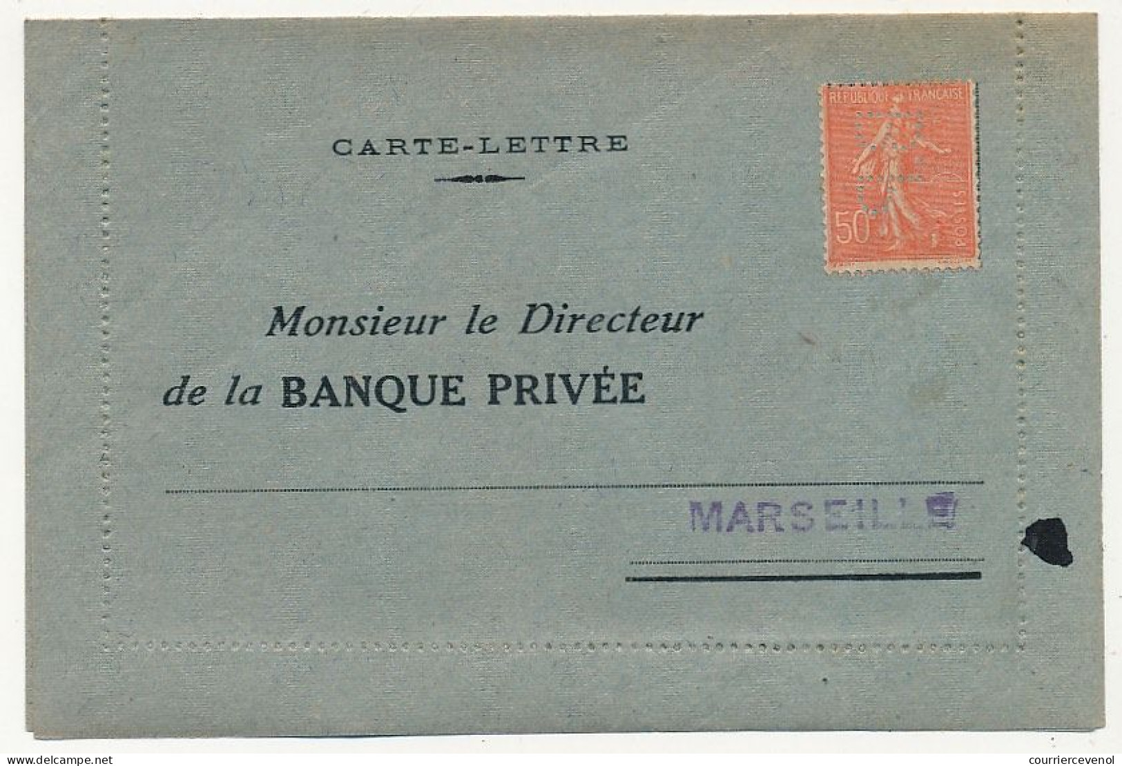 FRANCE - Env. Réponse BANQUE PRIVÉE Marseille Affr 50c Semeuse Lignée Perforé B.P - Non Utilisée - Cartas & Documentos