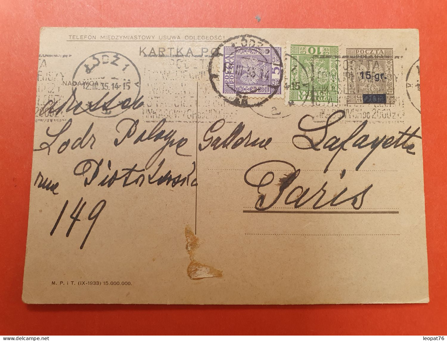 Pologne - Entier Postal Surchargé + Compléments De Lodz Pour Paris En 1935 - J 209 - Postwaardestukken