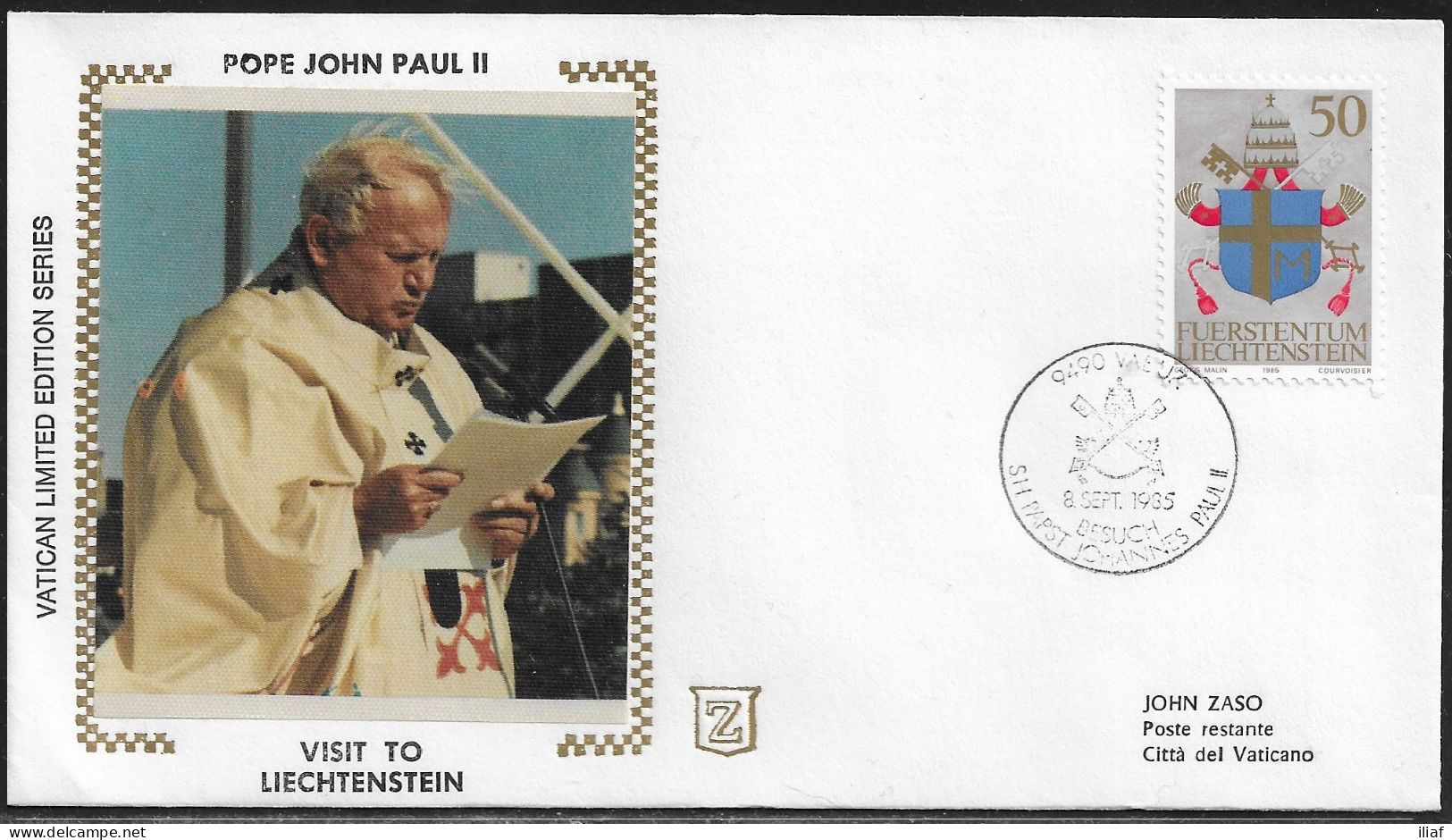 Liechtenstein.   Pastoral Visit Of Pope John Paul II To Liechtenstein.  Special Cancellation On Special Envelope - Briefe U. Dokumente