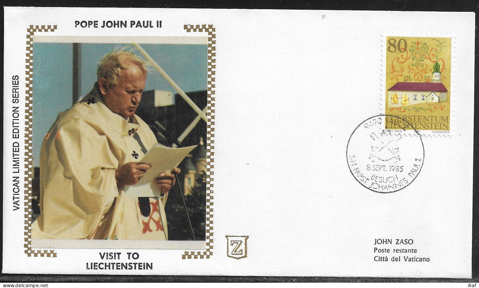 Liechtenstein.   Pastoral Visit Of Pope John Paul II To Liechtenstein.  Special Cancellation On Special Envelope - Covers & Documents