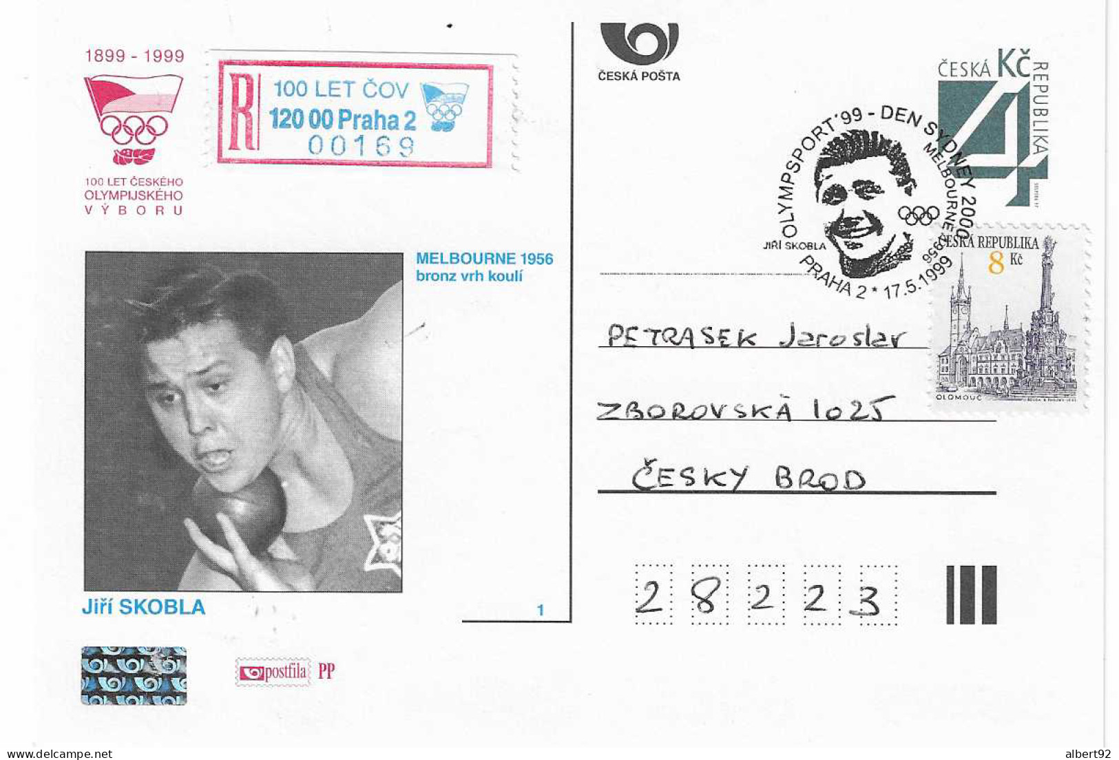 1999 Entier Postal Recommandé: Hommage à Jiri Skobla Médaillé De Bronze Aux Jeux Olympiques De Melbourne 1956 - Verano 1956: Melbourne