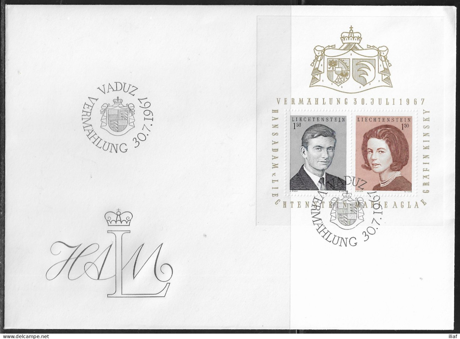 Liechtenstein.   The Wedding Of Hans-Adam And Countess Marie Aglae Kinsky.  Special Cancellation On Special Envelope - Briefe U. Dokumente