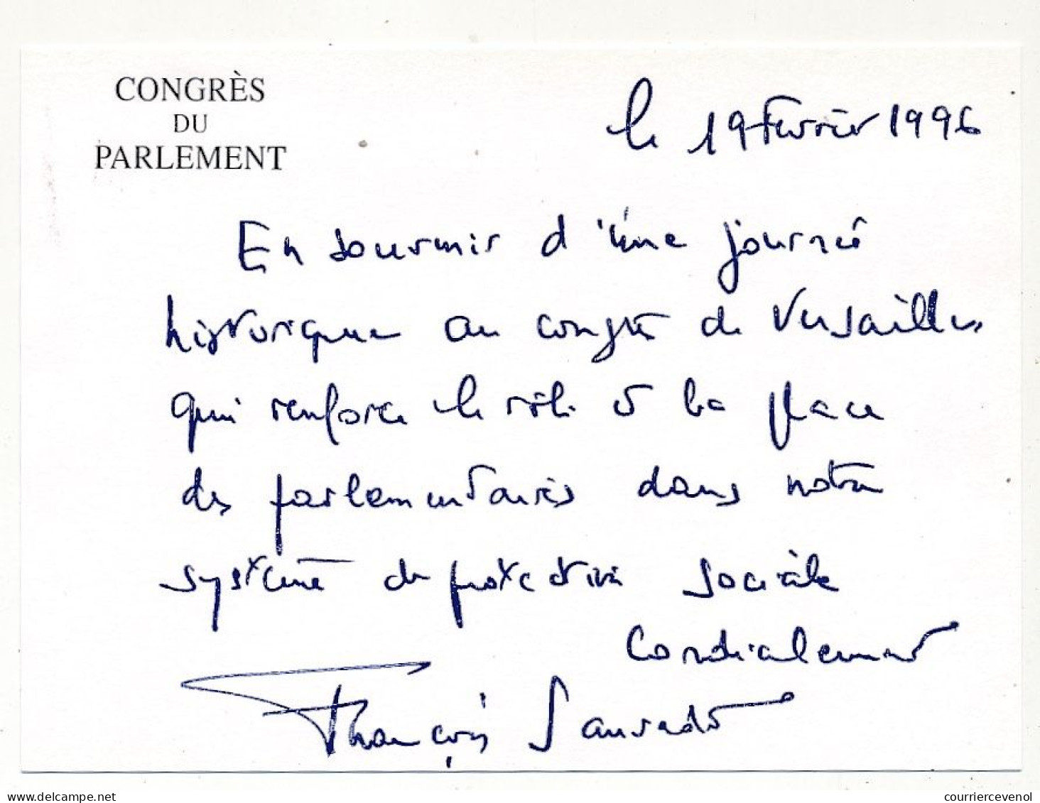 FRANCE - Env. Affr. 2,80 La Victoire - Obl Congrès Du Parlement 19/2/1996 VERSAILLES + Carton François Sauvadet, Député - Temporary Postmarks