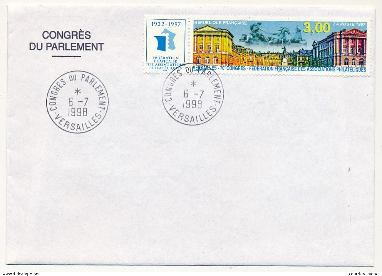 FRANCE - Env. Affr. 3,00 Versailles - Obl Congrès Du Parlement 6/7/1998 VERSAILLES + Carton François Sauvadet, Député - Tijdelijke Stempels