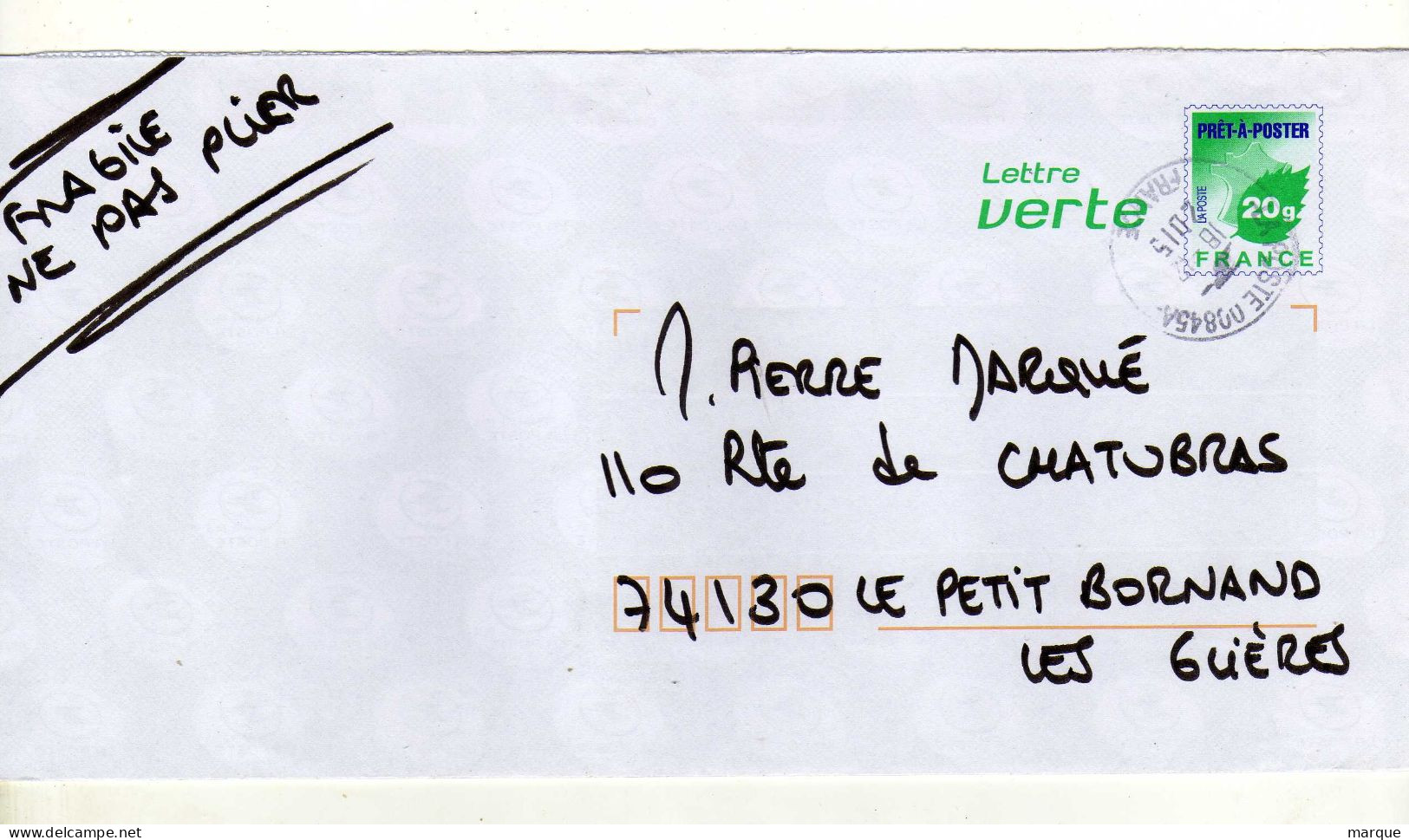 Enveloppe FRANCE Prêt à Poster Lettre Verte 20g Oblitération LA POSTE 00845A 18/12/2015 - Prêts-à-poster:  Autres (1995-...)