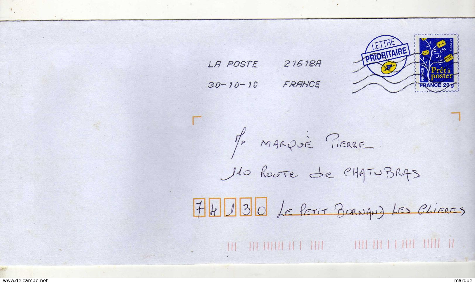 Enveloppe FRANCE Prêt à Poster Lettre Prioritaire 20g Oblitération LA POSTE 21618A 30/10/2010 - PAP:  Varia (1995-...)