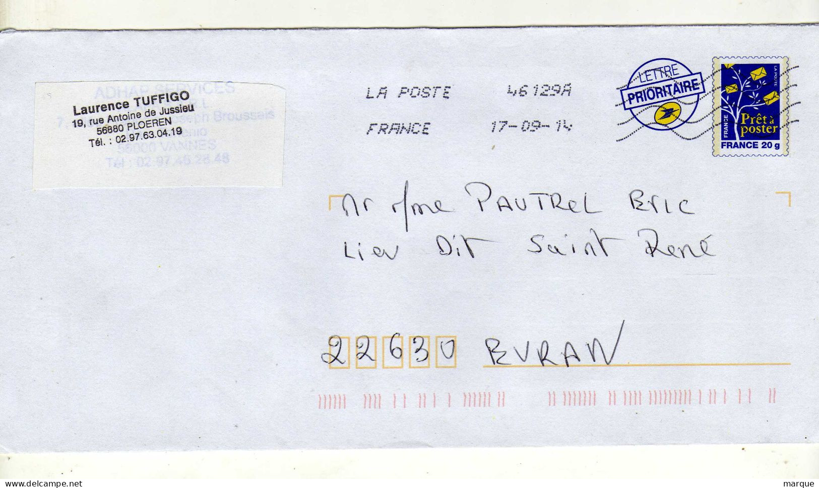 Enveloppe FRANCE Prêt à Poster Lettre Prioritaire 20g Oblitération LA POSTE 46129A 17/09/2014 - PAP: Sonstige (1995-...)
