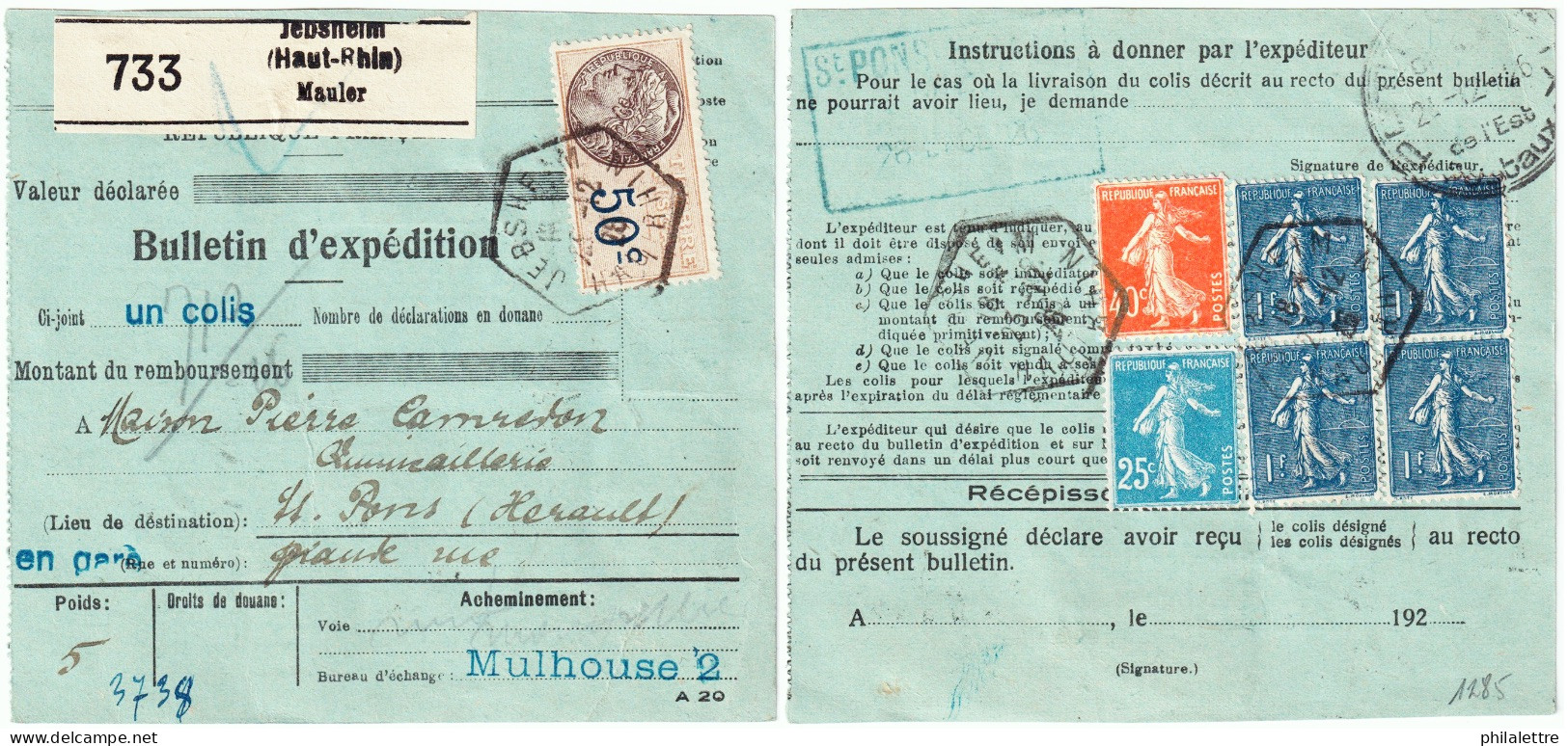 FRANCE / COLIS-POSTAUX D'ALSACE-LORRAINE - BORDEREAU De JEBSHEIM (Ht.-Rhin) Pour St Pons, Hérault -Semeuses - Brieven & Documenten