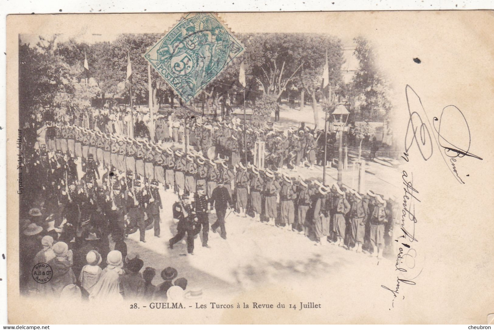 ALGERIE. GUELMA CPA.LES TURCOS A LA REVUE DU 14 JUILLET. ANNEE 1905 + TEXTE - Guelma