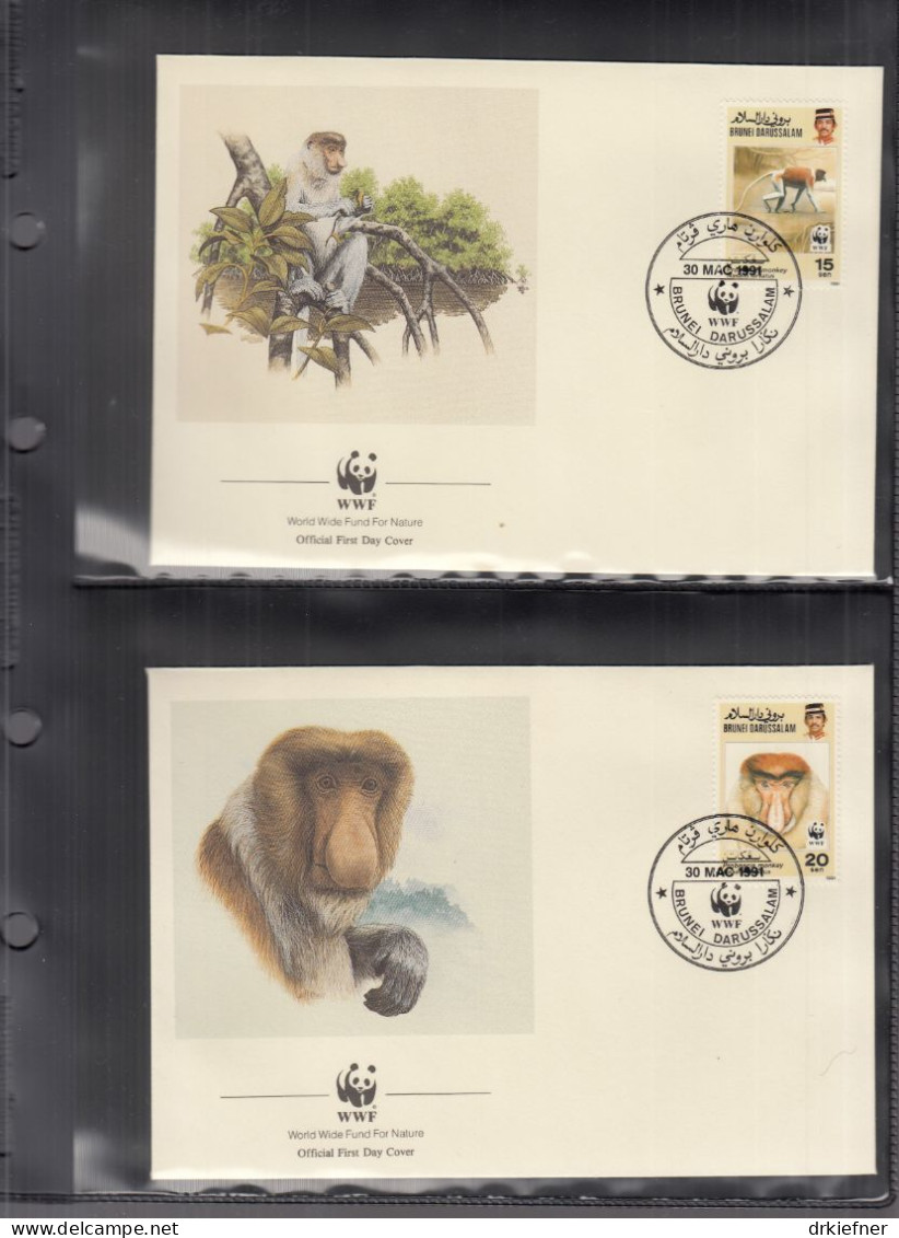 BRUNEI  430-433, 4 FDC, WWF, Weltweiter Naturschutz: Nasenaffe, 1991 - Brunei (1984-...)