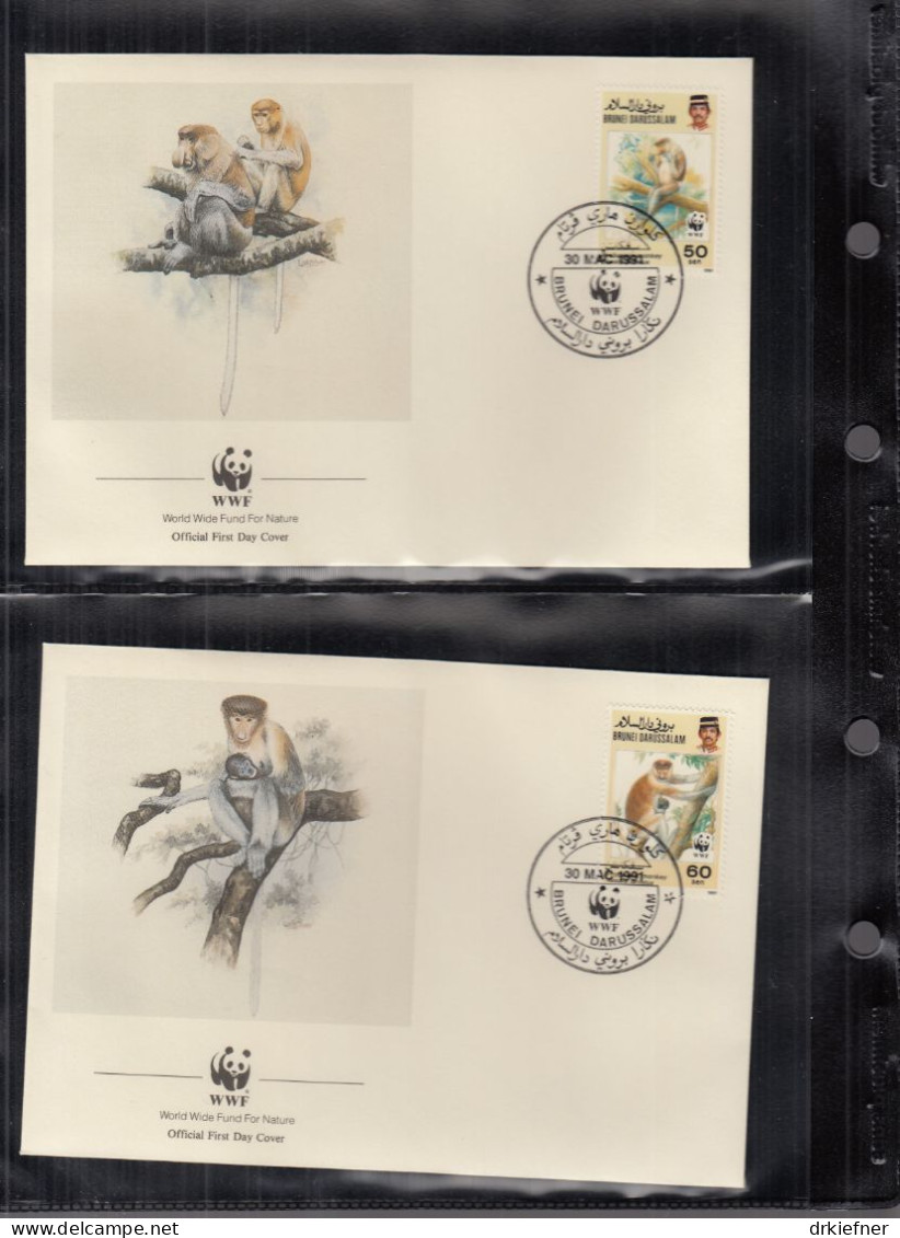 BRUNEI  430-433, 4 FDC, WWF, Weltweiter Naturschutz: Nasenaffe, 1991 - Brunei (1984-...)