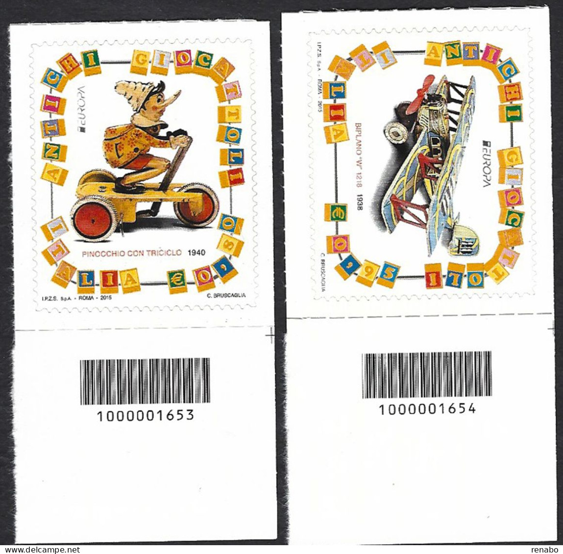 Italia 2015 ; EUROPA CEPT Serie Completa A Barre: Pinocchio € 0,80, Aeroplano € 0,95 - Bar Codes